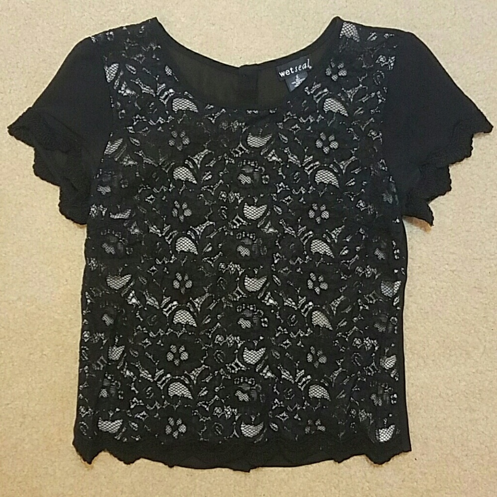 Wetseal Floral Lace, Button-up, Sheer-back, Layered Blouse